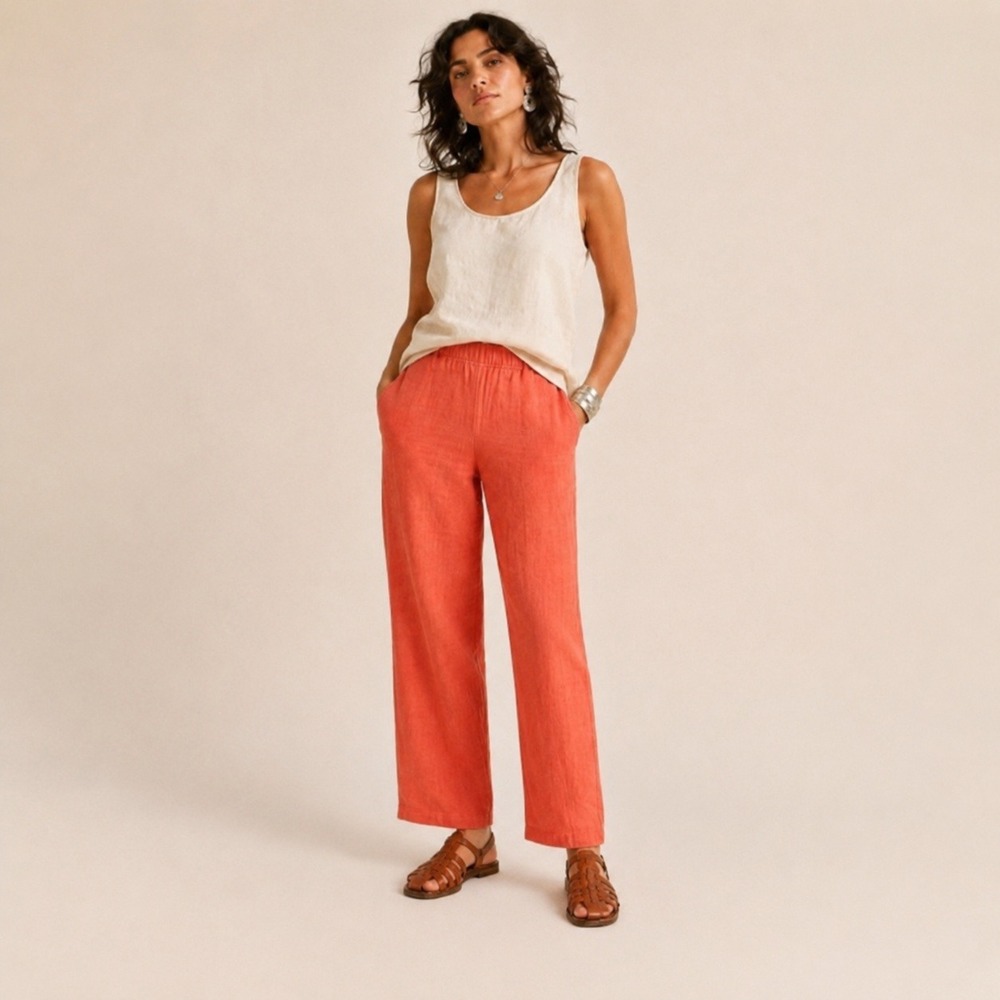 Match Point Linen Pants L Coral Orange Pull On Lagenlook Coastal Made USA LP80